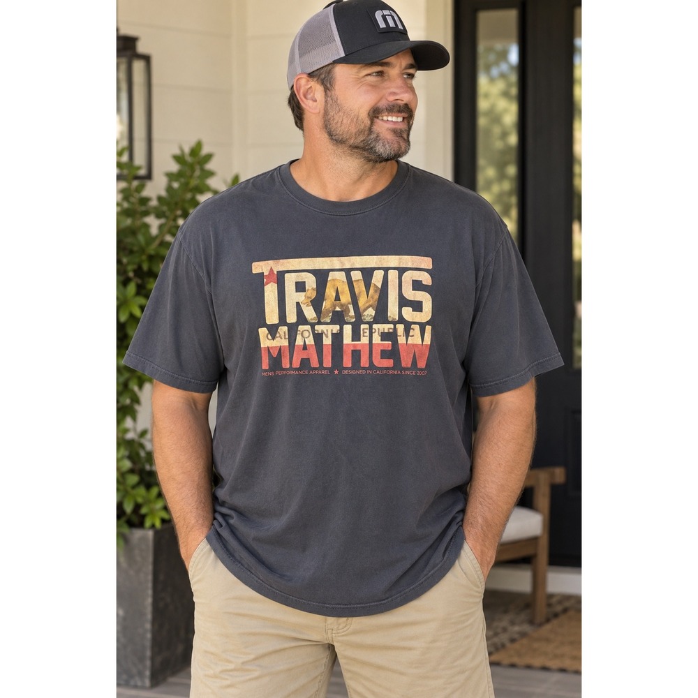 TravisMathew Men's XXL Graphic T-Shirt Charcoal Washed Logo Tee